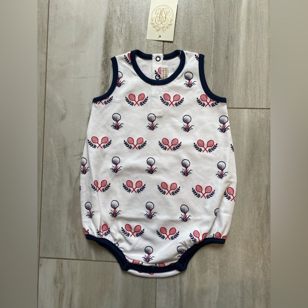 NWT TBBC Pima Cotton Patton Play Golf and Racquet Print Bubble Romper, boys 3-6M